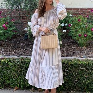 White and beige striped dress